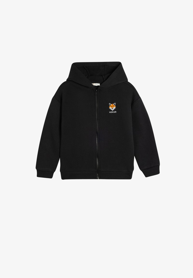 Felpa cappuccio nera con chiusura zip realizzata in tessuto misto cotone. Presenta una tasca anteriore a marsupio e un motivo ricamato di una volpe con il testo "wild life".