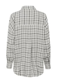 Koszula na guziki z długim rękawem w czarno-szary kratę, pokazana od tyłu, z kołnierzykiem i mankietami na rękawach.