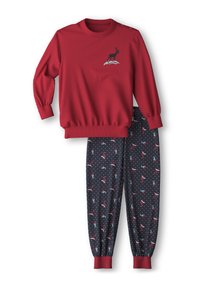 Felpa rossa con polsini e colletto a coste. Abbinata a pantaloni blu navy con motivi di renne e fiocchi di neve. Tessuto morbido, vestibilità comoda.