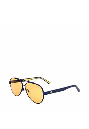 Occhiali da sole stile aviator con montatura blu scuro e lenti sfumate gialle, con un piccolo logo giallo "G" sulle stanghette.