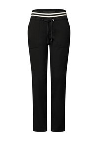 Schwarze Hose mit Kordelzugbund und zwei Fronttaschen; verfügt über ein gestreiftes elastisches Band oben und zulaufende Beine.