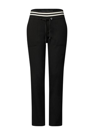 Pantalon noir avec taille à cordon de serrage et deux poches avant ; présente une bande élastique rayée en haut et des jambes effilées.
