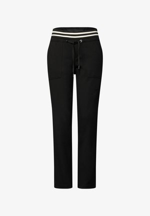 Pantaloni neri con vita a coulisse e due tasche frontali; presentano una fascia elastica a righe sulla parte superiore e gambe affusolate.