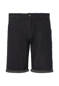 Shorts en denim noir avec des ourlets roulés, dotés d'une fermeture à bouton, de passants de ceinture et de poches avant. Texture lisse, design à coupe standard.