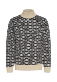 Pulover s rol kragnom s bež ovratnikom, manžetama i donjim rubom; tamnoplave boje s bež i smeškim geometrijskim uzorkom kroz cijelu površinu.