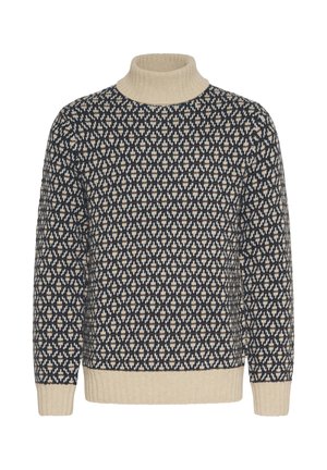 Turtleneck sweater med beige krave, manchetter og kant; marineblå med beige og brune geometriske strikmønstre overalt.