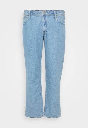 Lichtblauwe denim jeans met een rechte pijp, voorzien van een vijfzakkenstijl en een knoopsluiting in de taille.