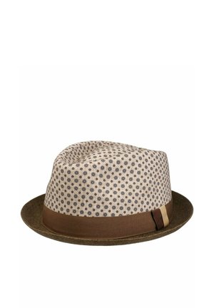 Brown-brimmed fedora with a patterned beige crown, brown ribbon band, and a small tan accent, shown against a white background.