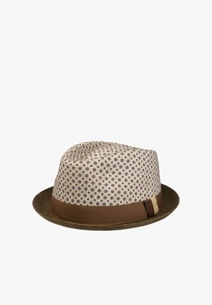 Brown-brimmed fedora with a patterned beige crown, brown ribbon band, and a small tan accent, shown against a white background.
