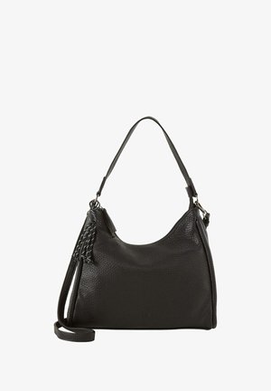 Geantă hobo din piele neagră cu un finisaj texturat, un singur ciucure pentru umăr și detalii decorative cu ciucure. Închidere cu fermoar în partea de sus.