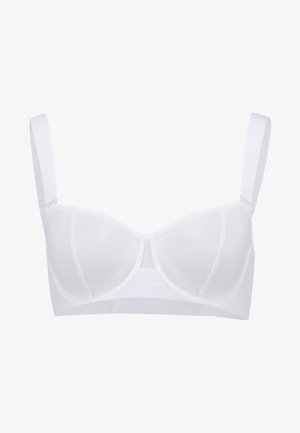 Biały biustonosz z drutem, z półprzezroczystymi miseczkami z siateczki, szerokimi regulowanymi ramiączkami i gładkim pasem. Charakteryzuje się prostym designem i subtelnymi detalami w haftach.