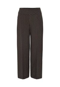 Spodnie o szerokich nogawkach z czarno-brązowo-beżowym geometrycznym wzorem w romby, z wysokim stanem i luźnym krojem.