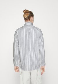 Gestreept shirt in lichtblauw en wit, met lange mouwen, een kraag en een rechte zoom. De stof heeft een gladde textuur.