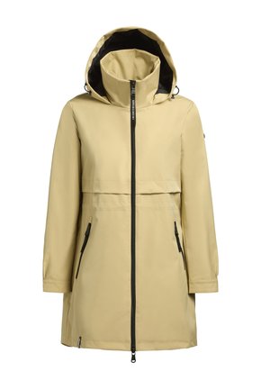 Veste imperméable beige avec capuche, dotée d'une fermeture éclair avant, de deux poches latérales zippées noires et d'une coupe mi-cuisse.