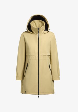 Beige vedenkestävä takki hupulla, jossa on etuvetoketju, kaksi mustaa vetoketjullista sivutaskua ja puolipitkä malli.