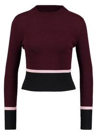 Burgundin värinen ribbikuvioinen neulepaita pitkillä hihoilla, jossa on musta ja vaaleanpunainen raidallinen helma ja hihansuut. Korkea kaula-aukko; tiukka siluetti.