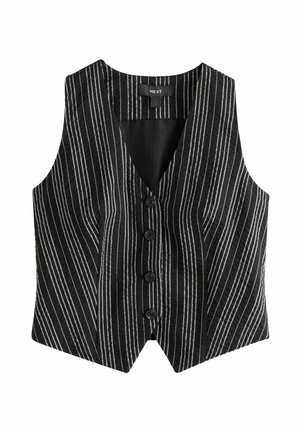Veste noire sans manches à fines rayures blanches verticales, boutonnée devant avec quatre boutons noirs et un col en V.