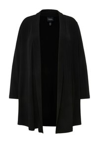 Schwarze offene Kimono-Karte aus einem weichen Stoff, mit langen Ärmeln und einem lockeren Schnitt ohne Verschlüsse.