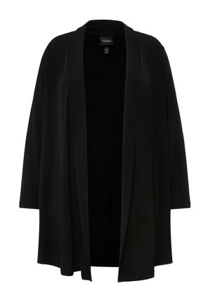 Zwarte open voorkant kimono cardigan van een zachte stof, met lange mouwen en een ontspannen pasvorm zonder sluitingen.