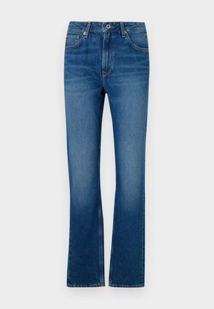 Jeans din denim albastru cu evazare, design cu cinci buzunare, fermoar și textură ușor decolorată. Include accente de cusături și un talie standard.