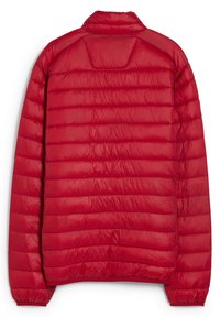 Červená prošívaná péřová bunda s límcem na stojáka a elastickými manžetami. Hladká, lesklá látka s lehkým designem.