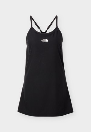 Črna obleka brez rokavov s tankimi nastavljivimi naramnicami in belim logotipom The North Face na sredini prsnega koša.