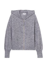 Grå stickad hoodie med dragkedja fram, ribbad textur, långa ärmar och avslappnad passform. Tyget visar små variationer i nyans.