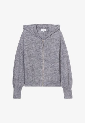 Hoodie grigio a maglia con zip frontale, texture a coste, maniche lunghe e vestibilità rilassata. Il tessuto presenta leggere variazioni di tonalità.