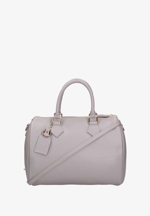 Grijze leren handtas met dubbele handvaten, afneembare schouderband, ruitvormige accenten en gouden hardware. Gladde textuur, ronde vorm.