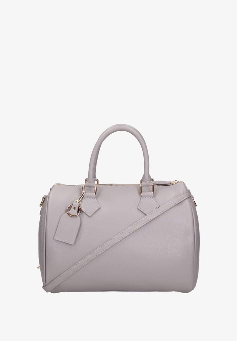 Borsa a tracolla in pelle grigia con doppi manici, tracolla rimovibile, accenti a forma di diamante e hardware dorato. Texture liscia, forma arrotondata.