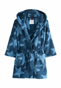 Blaue Kapuzen-Bademantel aus weichem, strukturiertem Fleece, mit einem Sternenmotiv in verschiedenen Blautönen, zwei vorderen Taschen und einem gebundenen Taillenzug.