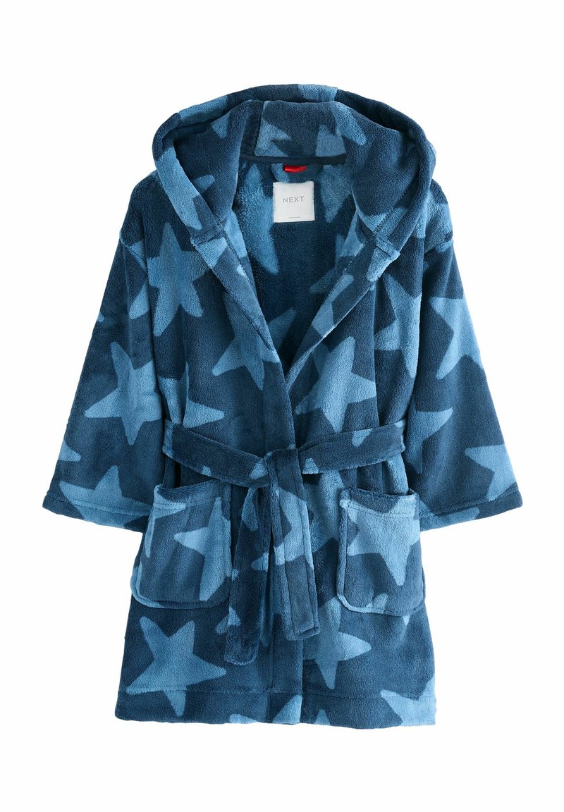 Blaue Kapuzen-Bademantel aus weichem, strukturiertem Fleece, mit einem Sternenmotiv in verschiedenen Blautönen, zwei vorderen Taschen und einem gebundenen Taillenzug.