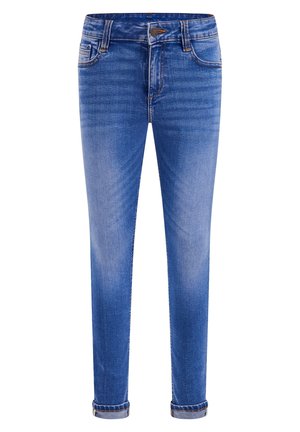 Blaue Slim-Fit-Jeans mit umgeschlagenen Bündchen, Frontknopf und Fünf-Taschen-Design, mit leicht verblasstem Waschungseffekt.