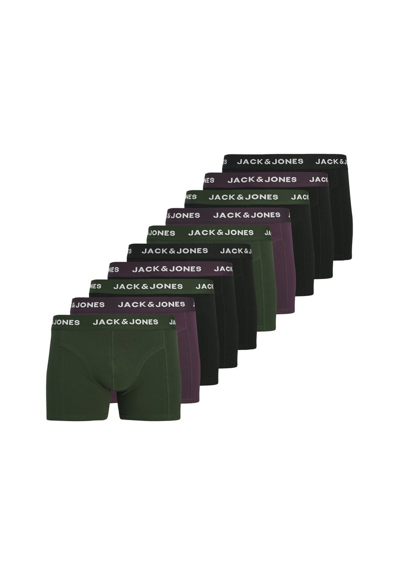 Zehn Paare Boxer Shorts in dunkelgrün, schwarz und dunkelviolett. Jede hat einen elastischen Bund mit "JACK & JONES" in Weiß aufgedruckt.
