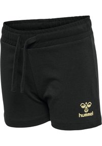 Svarta bomullsshorts med elastisk midja och justerbar dragsko. Har en guldlogotyp på den nedre framsidan. Mjuk textur.