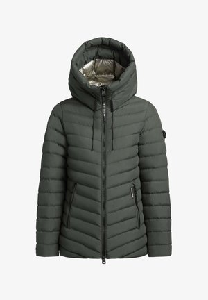 Giacca a vento verde con interno argentato lucido, dotata di un ampio cappuccio, zip frontale e due tasche laterali con zip. Design trapuntato a trama.