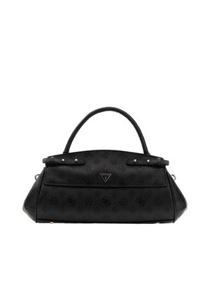 Sac à main GUESS noir avec des motifs de logo en relief, une poignée unique, une fermeture à rabat et un emblème métallique triangulaire sur le devant.
