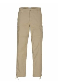 Beige cargo bukser lavet af bomuld, med sidelommer, lige pasform og snoredrager i bunden. Glat tekstur, afslappet design.