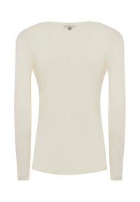 Maglietta a maniche lunghe con collo rotondo in bianco sporco. Realizzata in un tessuto morbido e leggero con una texture liscia e un orlo curvo nella parte inferiore.