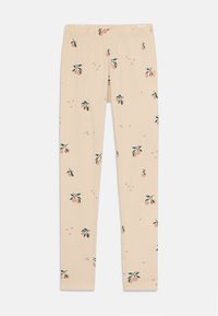 Leggings van zacht beige stof, met een licht perzikkleurig en groen bladenpatroon, uitgerust met een elastische tailleband voor comfort en pasvorm.
