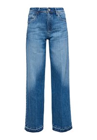 Lichtblauwe wijde jeans met een hoge taille, vijf zakken, stalen knoop en kenmerkende vervaging aan de voor- en achterkant.