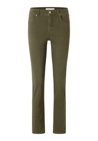 Olivově zelené džíny s úzkým střihem, s klasickým pětipocket designem, zapínáním na knoflík a mírným elastickým materiálem pro pohodlí.