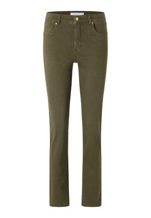 Olivazöld farmernadrág, slim fit fazonnal, klasszikus öt zsebes kialakítással, gombos záródással és enyhe elasztikussággal a kényelem érdekében.