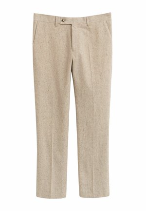 Beige rechte beenbroeken met voorzakken, ceintuurlussen, knoopsluiting en een subtiele gesprenkeld woltextuur.