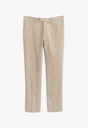 Beige rechte beenbroeken met voorzakken, ceintuurlussen, knoopsluiting en een subtiele gesprenkeld woltextuur.