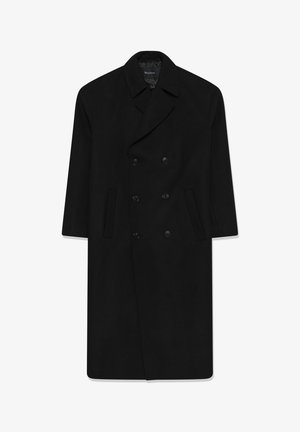 Black double-breasted coat with a lapel collar, two front pockets, and a straight cut. Made of wool fabric with a smooth texture.