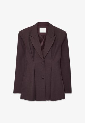 Brūns pielāgots žakets ar ass uzskatu, divām pogām un strukturētu siluetu. Gluda auduma ar satīna oderi, kas uzlabo eleganto dizainu.