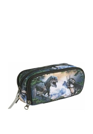 Trousse à crayons zippée avec imprimé dinosaure coloré, extérieure en tissu solide, deux compartiments et accents noirs.