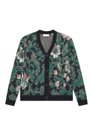 Floral-patterned cardigan in dark green, black, and red accents. Features a V-neck, button closure, and long sleeves. Textured knit fabric.