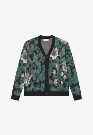Gilet à motifs floraux en vert foncé, avec des accents noirs et rouges. Il présente un col en V, une fermeture à boutons et des manches longues. Tissu tricoté texturé.